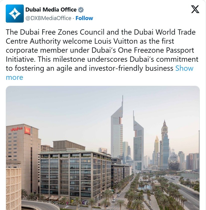 Screenshot of Dubai Media Office tweet announcing Louis Vuitton as the first member of One Freezone Passport.