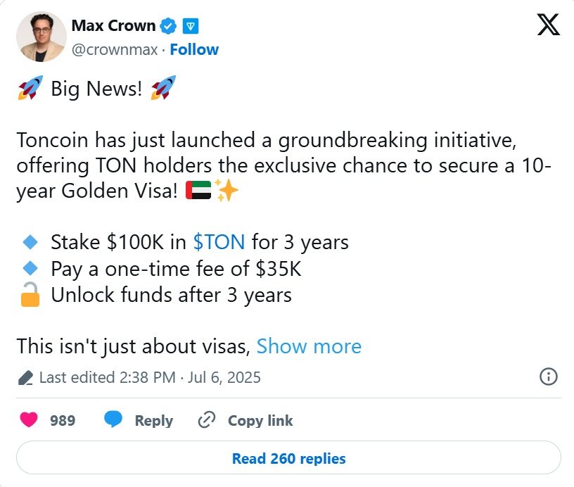 Tweet by Max Crown claiming Toncoin holders can secure a 10-year UAE Golden Visa by staking $100K in TON and paying a $35K fee.